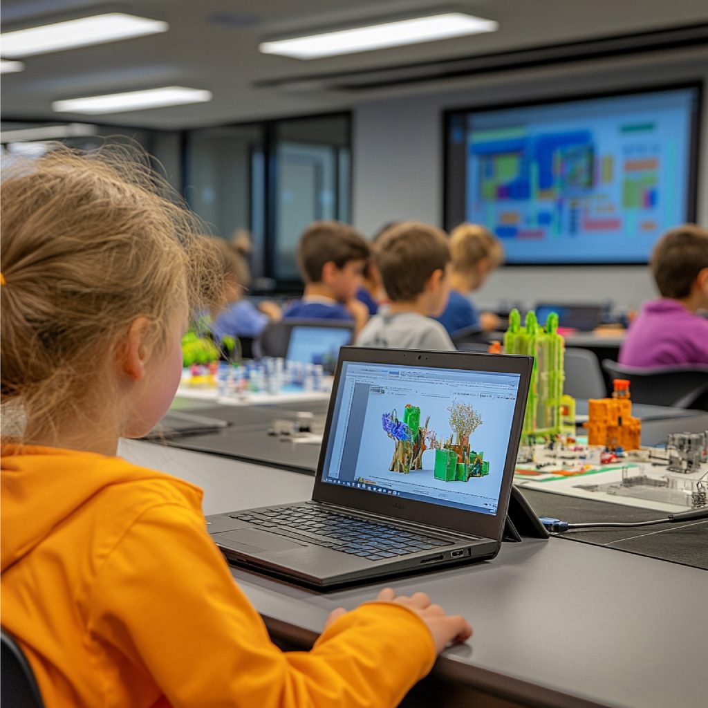 classroom where students are engaged blended learning project using laptops research
